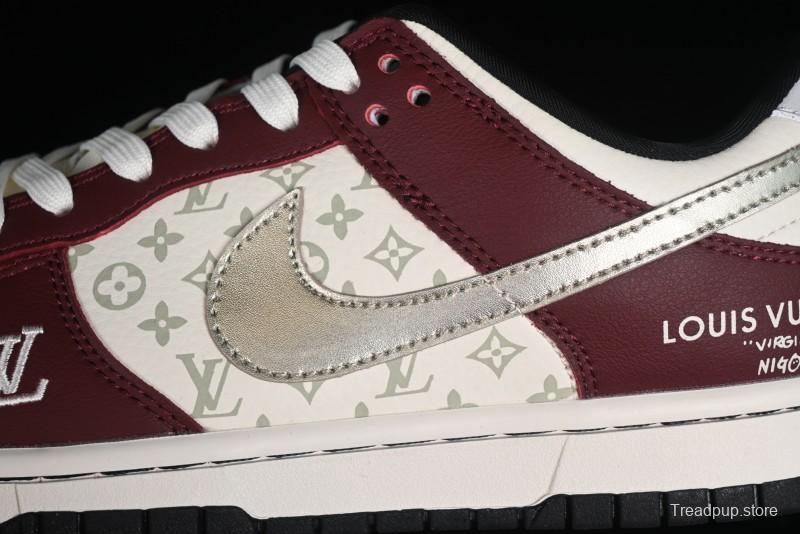 Louis Vuitton x Nike Dunk Low Customized Sneakers - Burgundy with Silver Swoosh SB Low Top Casual Skate Shoes - FC1688-188