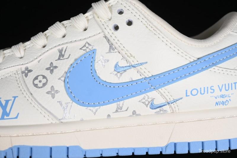 Nike SB Dunk Low LV Collaboration - Beige Blue Double Swoosh Print Anniversary Custom Low-Top Casual Sneakers - CF3688-005