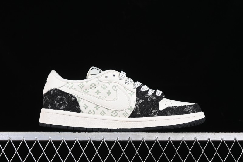 Nike Travis Scott x Fragment Design x Jordan Air Jordan 1 Low OG SP AJ1 LV Black Denim Print Low-Top Casual Sneakers - SJ2068-008