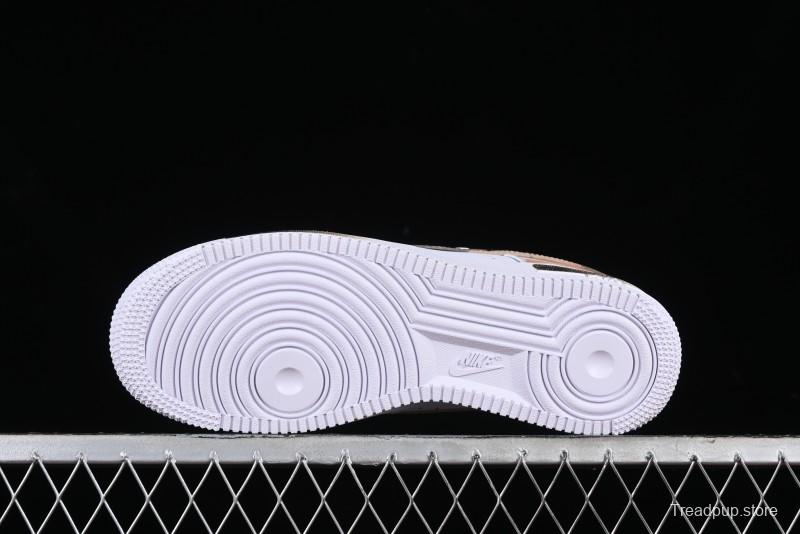 Nike Air Force 1 '07 Low Casual Sneakers with Anime-Inspired Hand-Painted Design, Broken Swoosh Shadow Effect, Brown/Black - CW2288-111