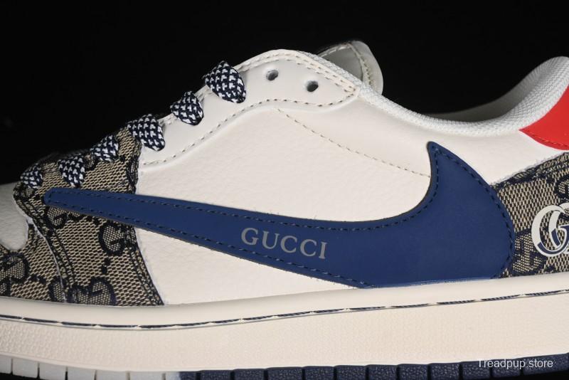 Nike Travis Scott x Fragment Design x Air Jordan 1 Low OG SP AJ1 Gucci Collaboration - Silver Logo Blue Swoosh Low Top Casual Sneakers - XY2688-118