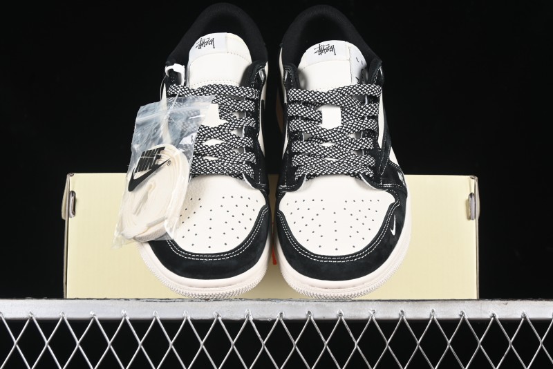 Nike Travis Scott x Fragment Design x Air Jordan 1 Low OG SP AJ1 Supreme Stussy Collaboration - Red Tab Black Warrior Low Top Casual Sneakers - SJ2068-124