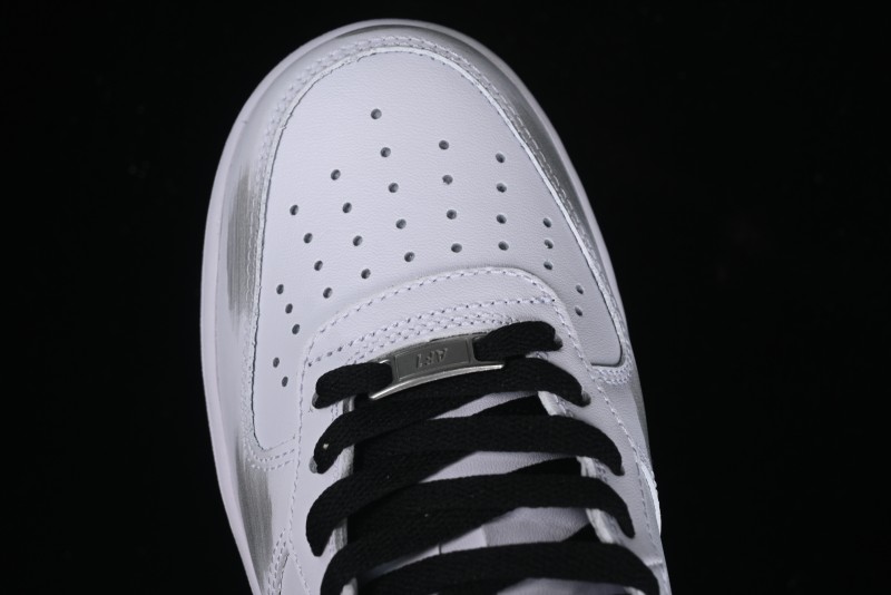 Nike Air Force 1 '07 Mid Casual Sneakers in White/Grey/Black with Hand-Painted Cracked Swoosh Shadow Detail - CW2289-111
