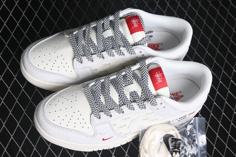 Nike SB Dunk Low Stussy Collaboration - Patchwork Grey White Swoosh Anniversary Custom Low-Top Casual Sneakers - YX5066-218