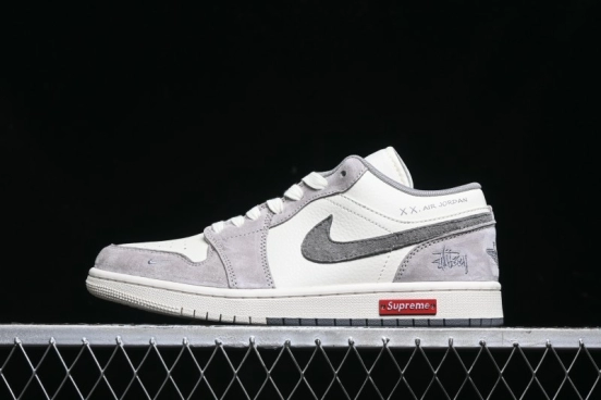 Nike Air Jordan 1 Low Stussy Collaboration - Grey White Dual-Tone Red Tag Retro Basketball Shoes - SJ9950-031