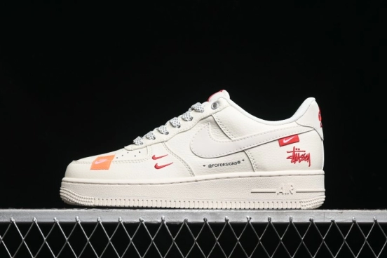 Nike Air Force 1 '07 Low Stussy Collaboration - Double Swoosh Red Tag Low-Top Casual Sneakers - SJ6698-013