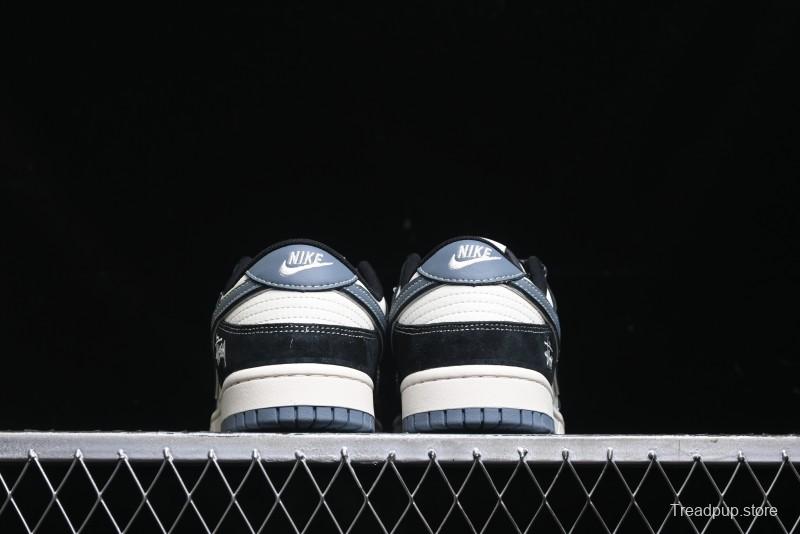 Nike SB Dunk Low Stussy Collaboration - Black White Print Anniversary Custom Low-Top Casual Sneakers - XX3168-212