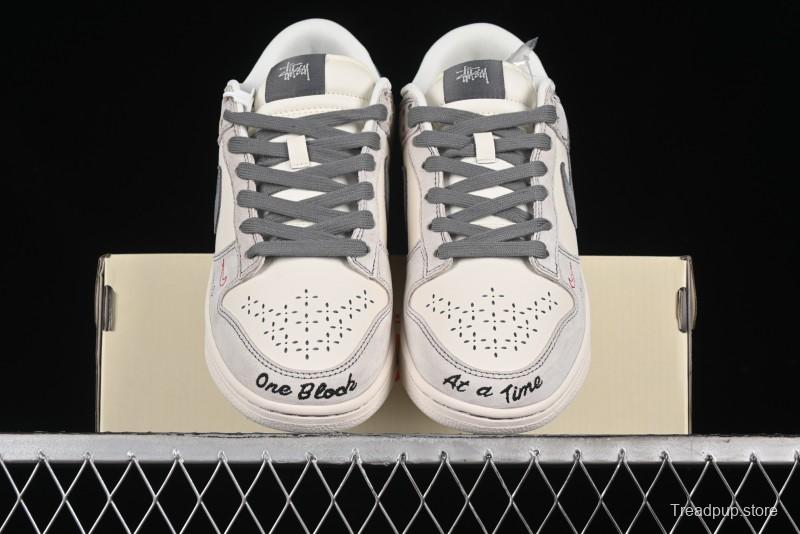 Nike SB Dunk Low Stussy Collaboration - Embroidered Grey Swoosh Anniversary Custom Low-Top Casual Sneakers - MM1089-033