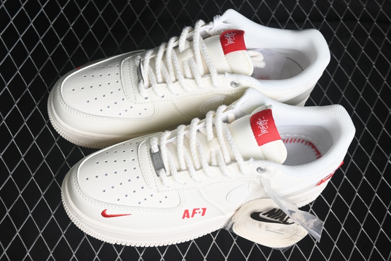 Nike Air Force 1 '07 Low Stussy Collaboration - AF1 White Red Label Low-Top Casual Sneakers - SJ6698-016