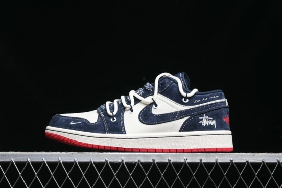 Nike Air Jordan 1 Low Stussy Collaboration - Blue Red Custom High-End Retro Basketball Shoes - SJ9950-049