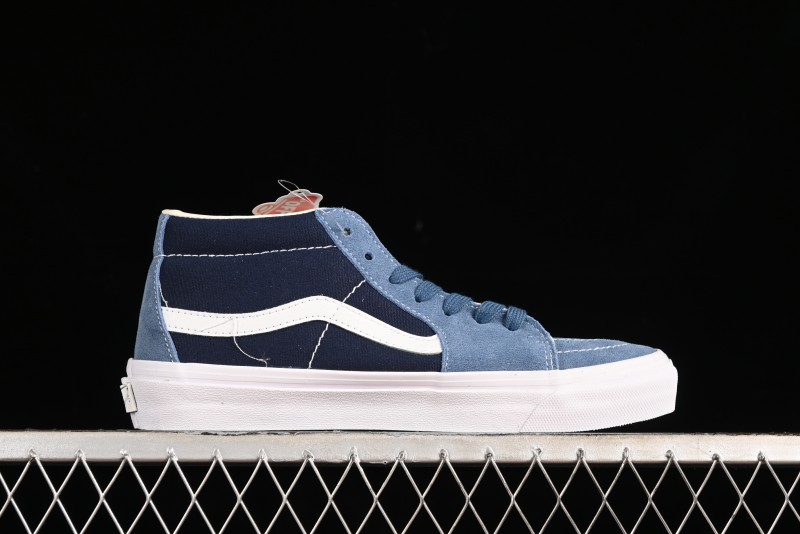Vans Sk8-Mid Reissue 83 High-End Retro Skate Shoes with Blue Patchwork Suede - VN000CQQDWR
