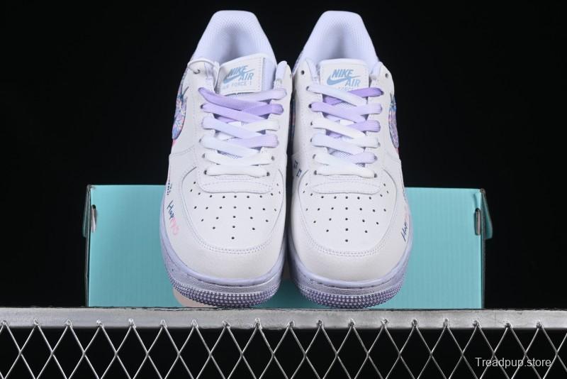 Nike Air Force 1 '07 Low Double Hearts Casual Sneakers with Hand-Drawn Anime Doodle and Pink Blue Hearts - CZ0377-002