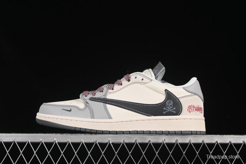 Nike Travis Scott x Fragment Design x Air Jordan 1 Low OG SP AJ1 Stussy Collaboration Black Hook Skull Low Top Casual Sneakers - JJ2508-553