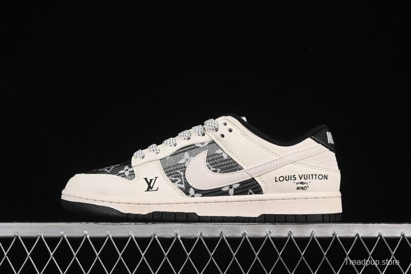 Nike SB Dunk Low LV Collaboration Black White Woven Fabric White Swoosh Anniversary High-End Custom Low-Top Casual Skate Shoes - FC1688-229