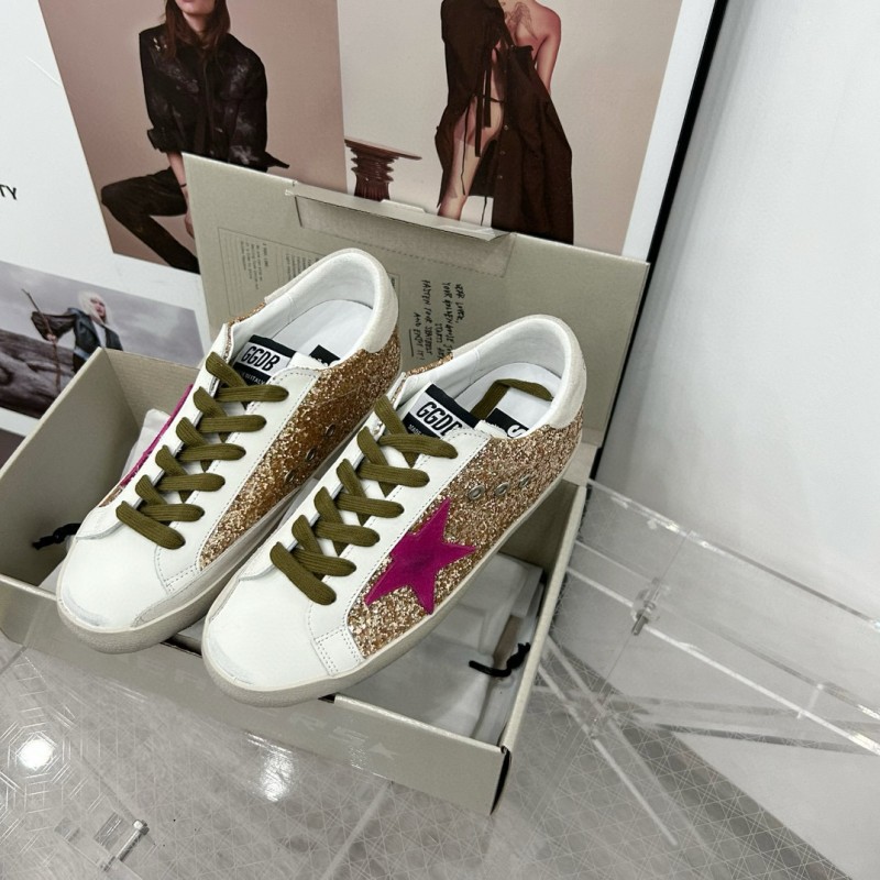 2025 Women GGDB White Gold Pink Glitter Leather Sneakers