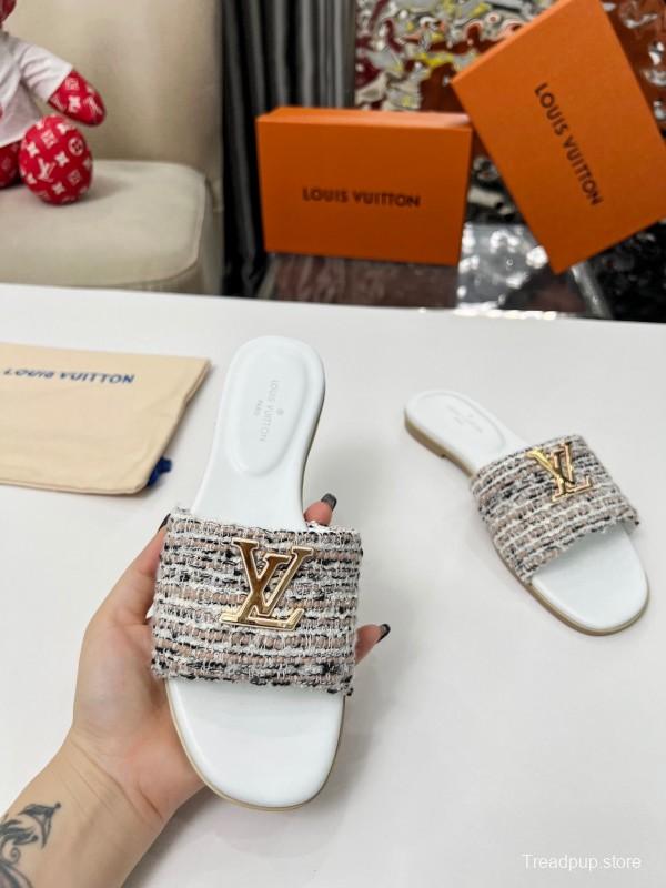 2025 Women Louis Vuitton White Tweed Leather Slippers LY00210