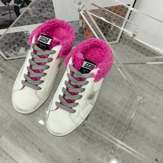 2025 Women GGDB White Pink Shearling Leather Sneakers