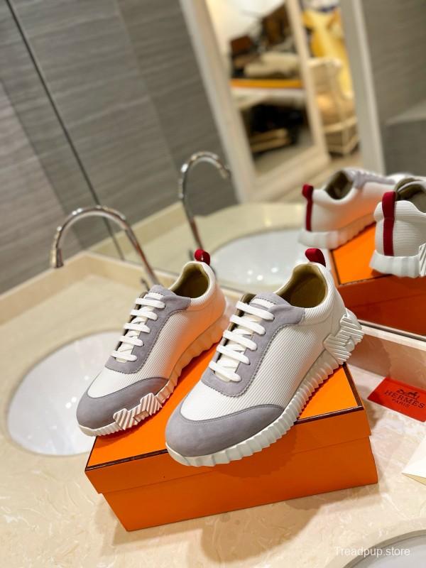 2024 Unisex Hermès White Grey Silk Leather Sneakers MJ00320