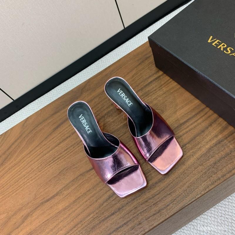2025 Women VERSACE Pink Leather Slippers