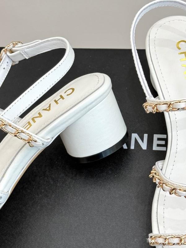 2025 Women Chanel White Leather Chain Strap Sandals