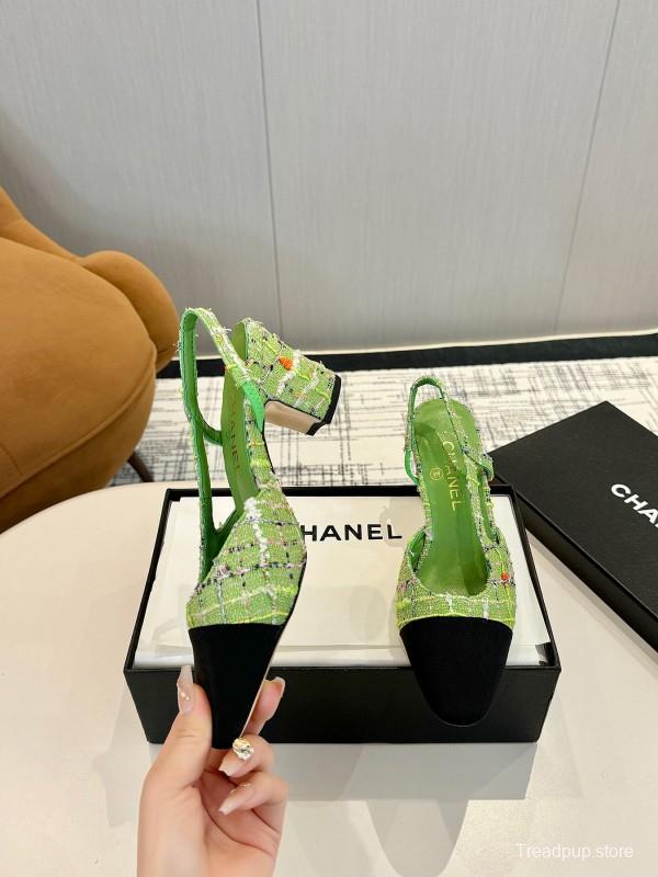 2025 Women Chanel Green Black Fabric Leather Slingback Shoes