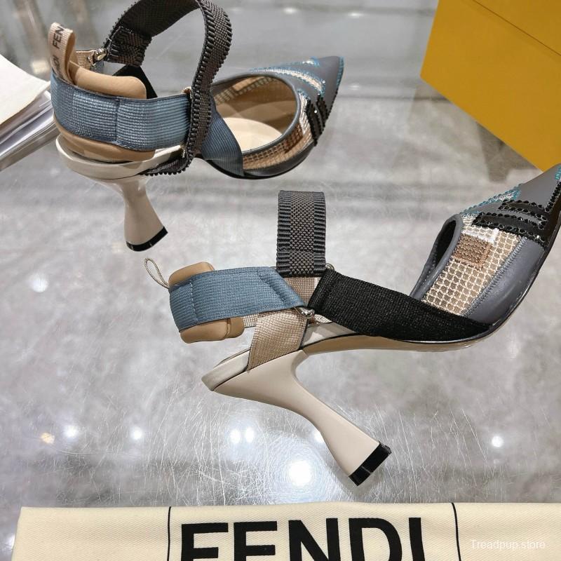 2025 Women Fendi Grey Blue Black Leather Mesh High Heels