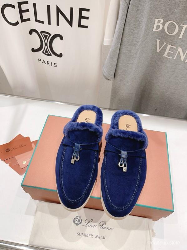 2024 Women Le Parmentier Blue Suede Shearling Loafers