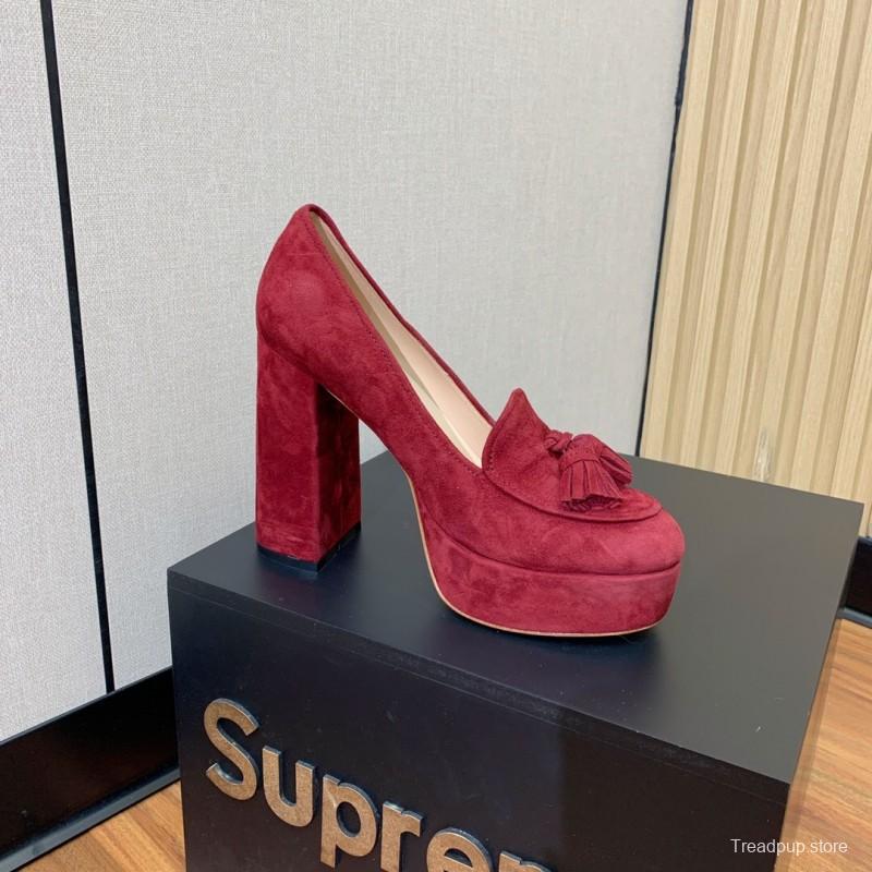 2025 Women Gianvito Rossi Red Suede Platform Loafers Tassel KFY00330