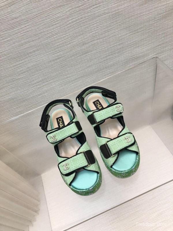 2025 Slippers Chanel Mint Green Textile Platform Sandals LY00330