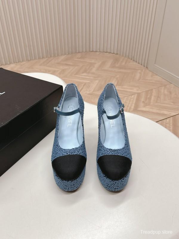 2025 Women Chanel Blue Black Tweed Leather Platform Pumps KFY00330