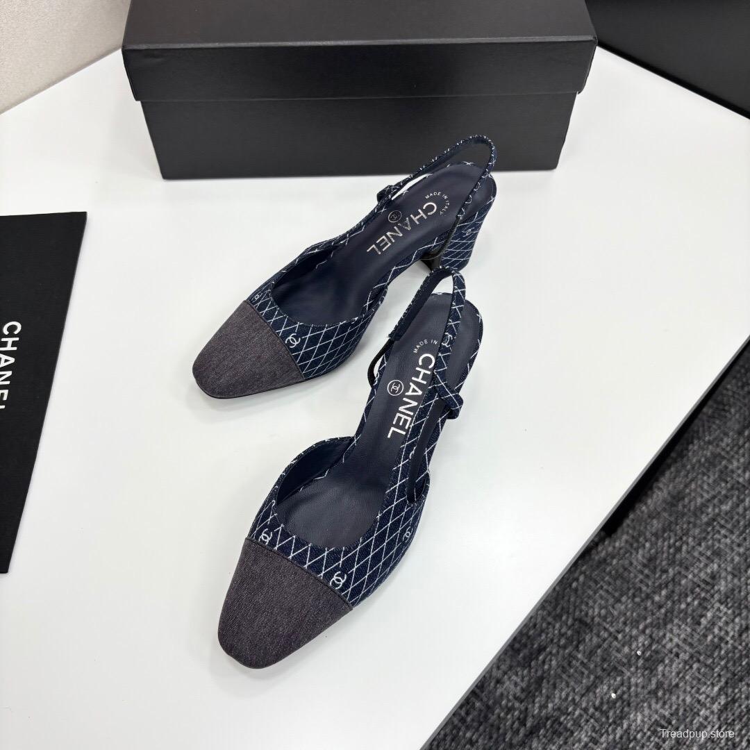 2025 Women Chanel Blue Grey Denim Leather Slingback LY00240
