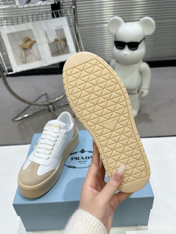 2025 Women Prada White Beige Leather Suede Sneakers
