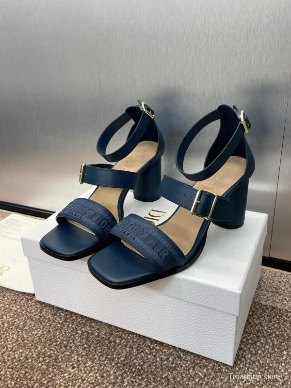 2025 Women Dior Navy Blue Leather Sandals Ankle Strap KFY00310