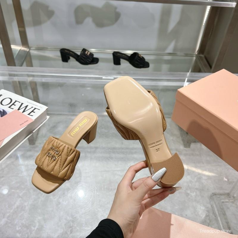 2025 Women Miu Miu Beige Lambskin Heeled Sandals MDR00123