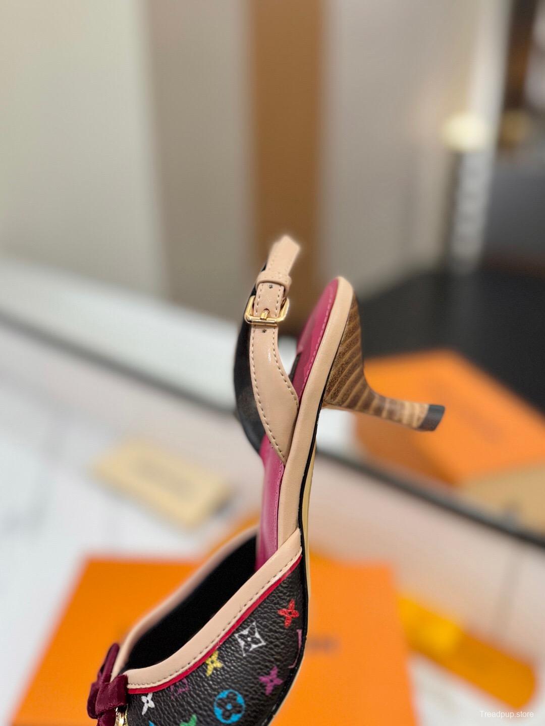 2025 Women Louis Vuitton Multicolor Black Leather Slingback Kitten Heel KFY00310