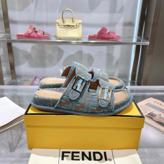 2025 Fendi Blue Beige Jacquard Fabric Slippers Buckle MJ00230