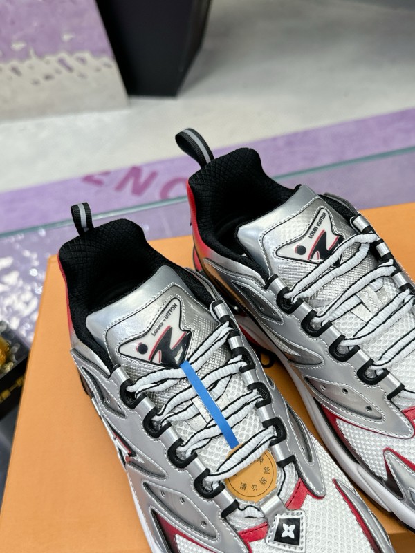 2025 Men Louis Vuitton White Red Black Leather Mesh Sneakers MJ00420