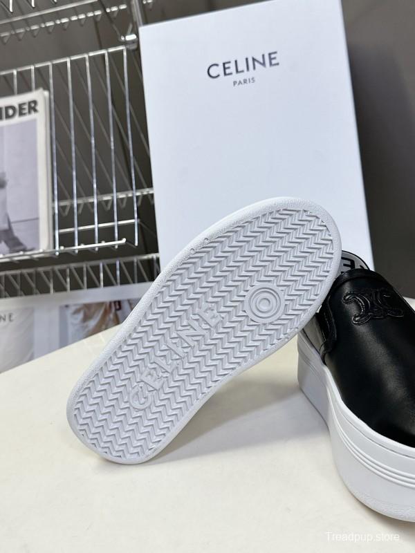 2025 Women CELINE Black White Leather Slip-On Sneakers LY00280