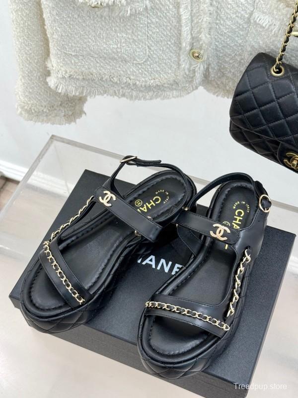 2025 Women Chanel Black Lambskin Platform Sandals Chain KFY00270
