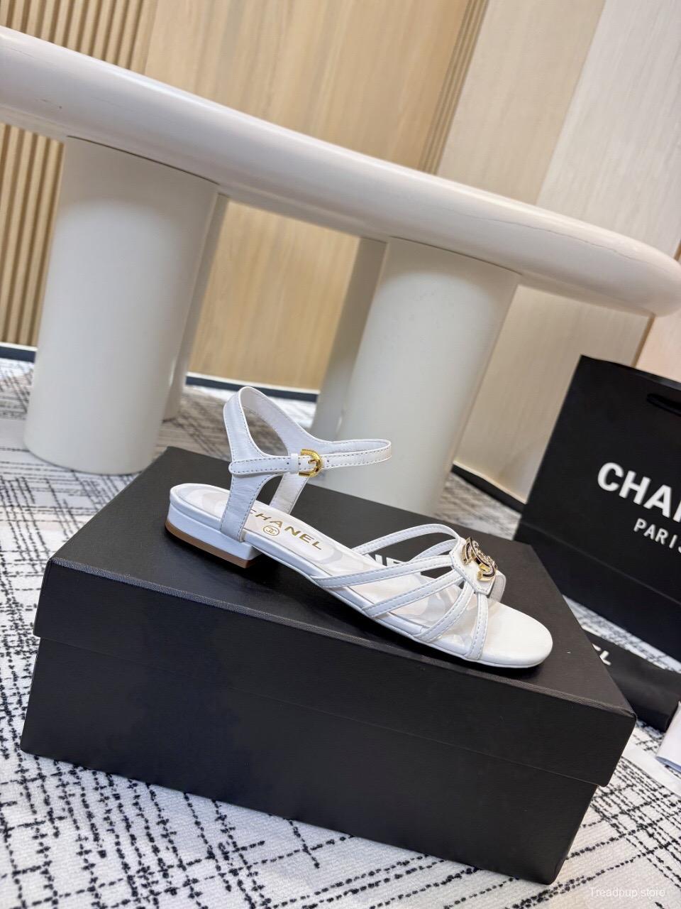 2025 Women Chanel White Leather Sandals LY00270