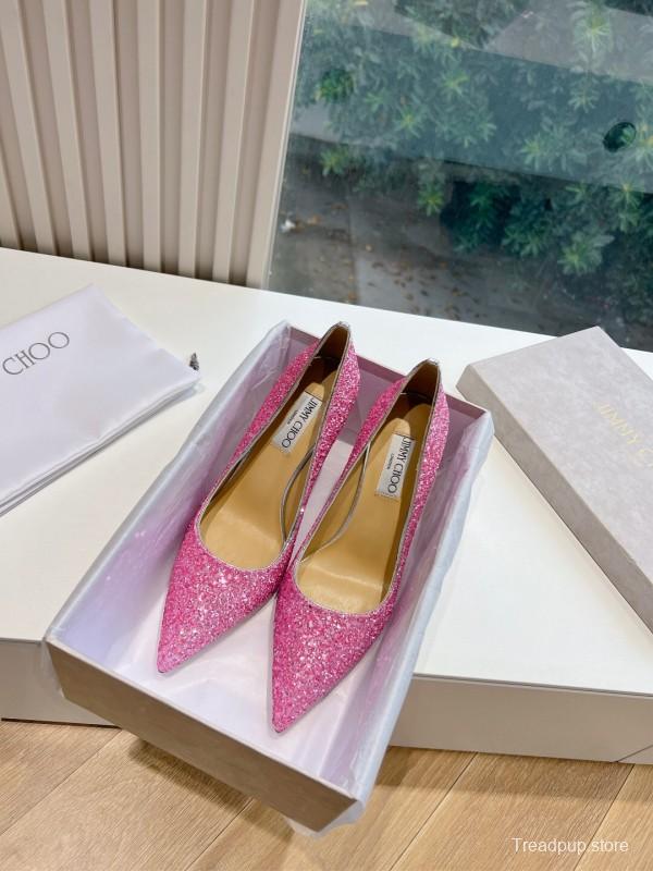 2025 Women Jimmy Choo Pink Glitter Leather High Heels KFY00280