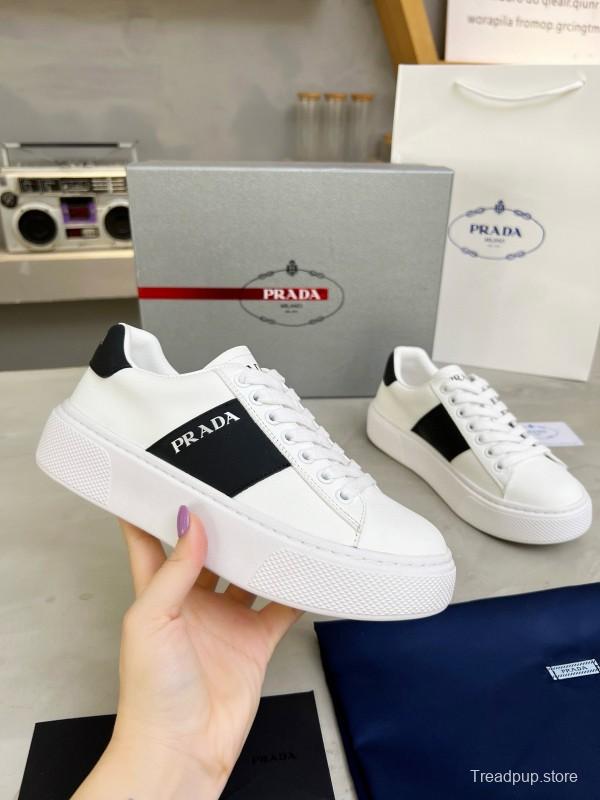 2024 Unisex Prada White Black Silk Calfskin Leather Sneakers MJ00310