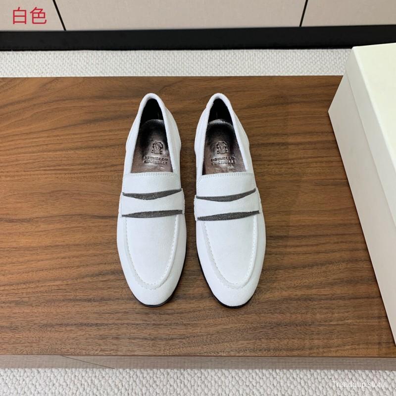 2025 Women Brunello Cucinelli White Suede Loafers Handcrafted Bead Chain Detail LY00360 (F)