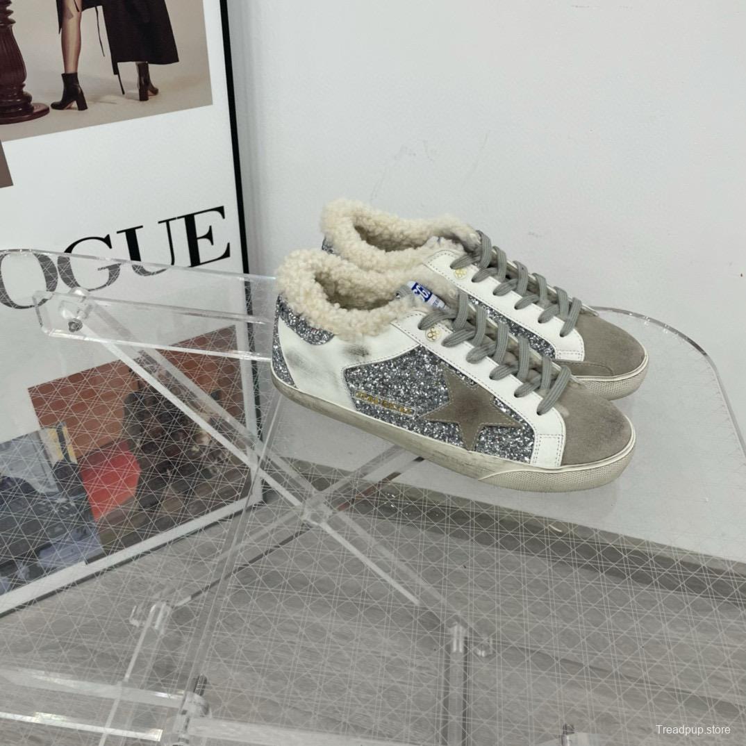 2025 Women GGDB White Silver Suede Leather Glitter Star Sneakers