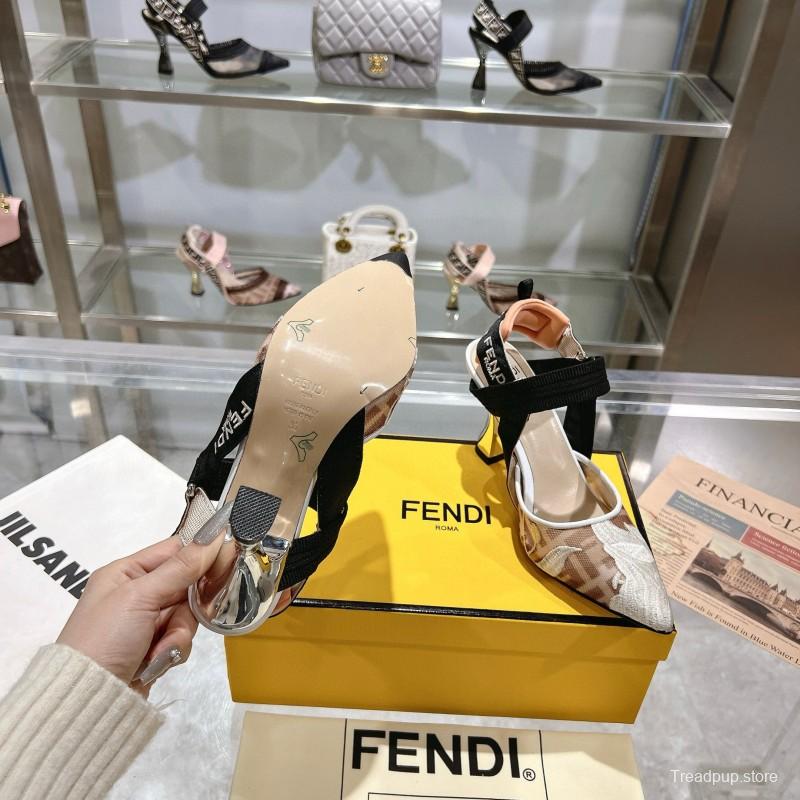 2025 Women Fendi Beige Black Mesh Leather Heels MJ00280