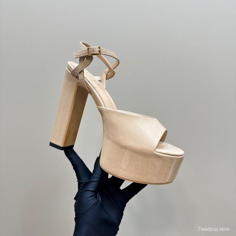 2025 Women Gucci Beige Patent Leather Platform Sandals MJ00340