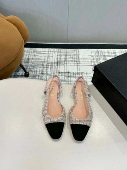 2025 Women Chanel Pink Black Mixed Leather Tweed Slingback Flats