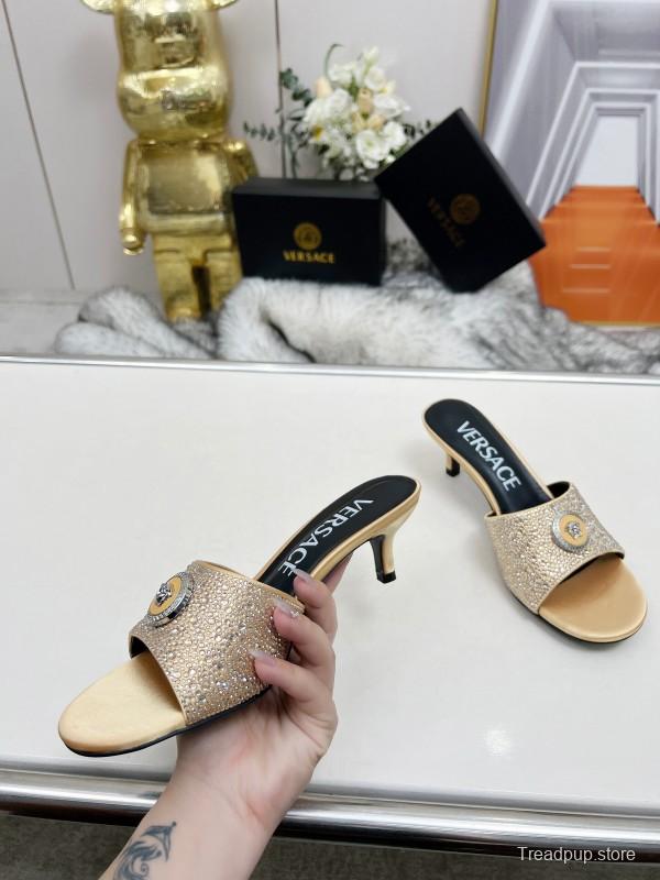 2025 Women VERSACE Gold Silk Rhinestone Heeled Sandals