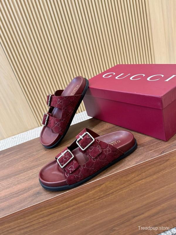 2025 Women Gucci Red Suede Leather Sandals Double Buckle LY00260