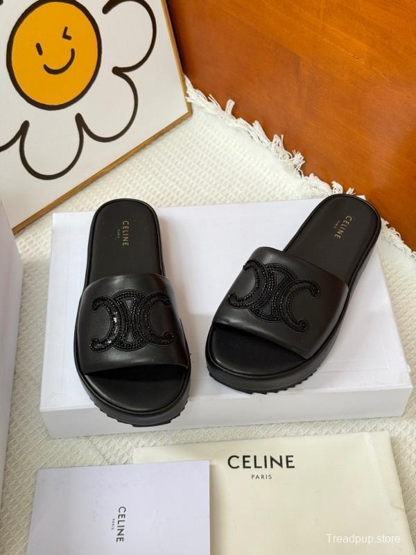 2025 Slippers CELINE Black Leather Slippers KFY00250